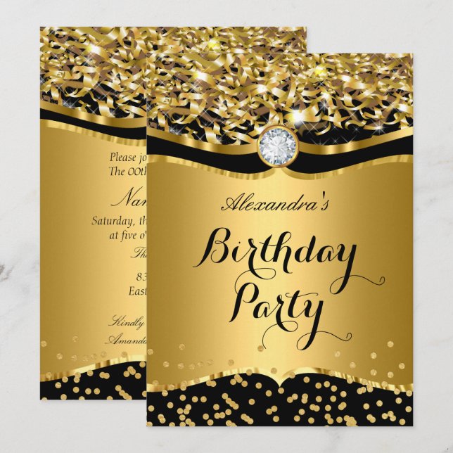 Invitation Parties scintillant de fête d'anniversaire Gold No (Devant / Derrière)