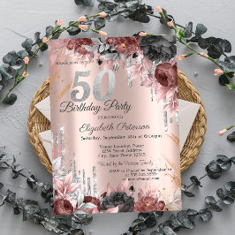Invitation Parties scintillant de fleurs Rose Gold 50e annive