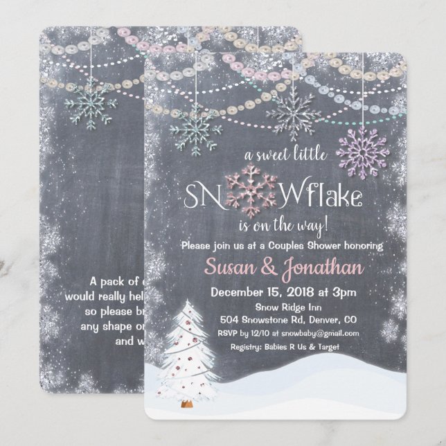 Invitation Parties scintillant de flocon de neige Baby shower (Devant / Derrière)