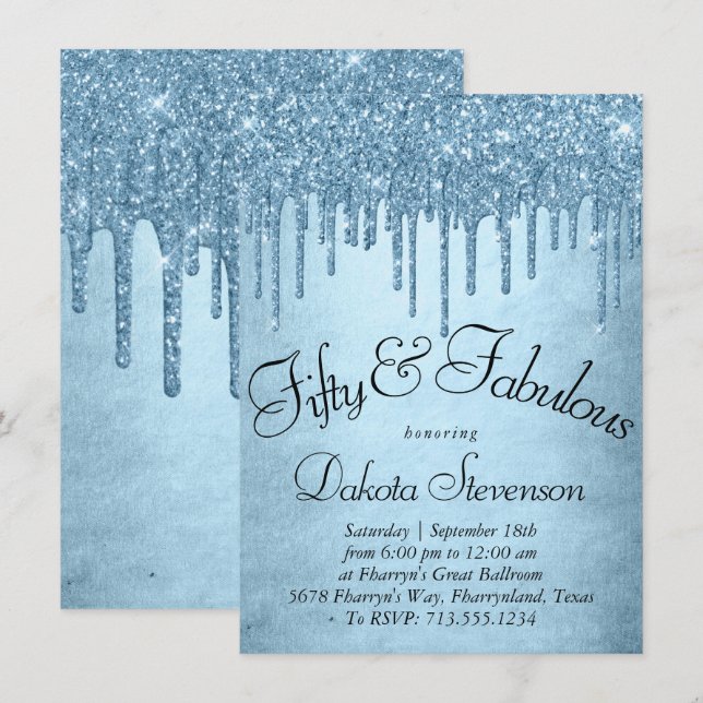Invitation Parties scintillant de glace à goutte | Glitzy Blu (Devant / Derrière)