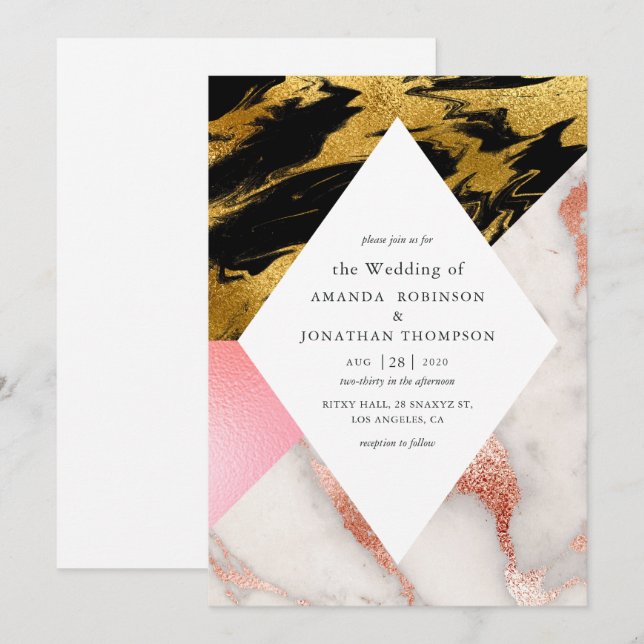 Invitation Parties scintillant de Glam Faux Mariage en marbre (Devant / Derrière)