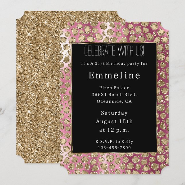 Invitation Parties scintillant de glamme noir Ombre rose léop (Devant / Derrière)