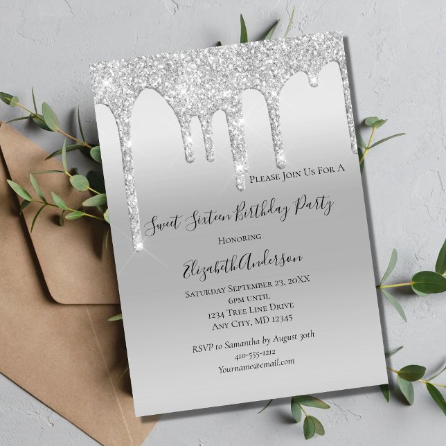 Invitation Parties scintillant de goutte Sweet sixteen d'arge (Créateur téléchargé)