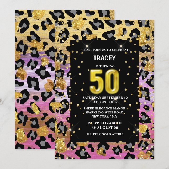 Invitation Parties scintillant de jungle empreinte de léopard (Devant / Derrière)