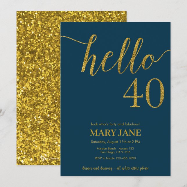 Invitation Parties scintillant de la Marine et de l'or 40e an (Devant / Derrière)