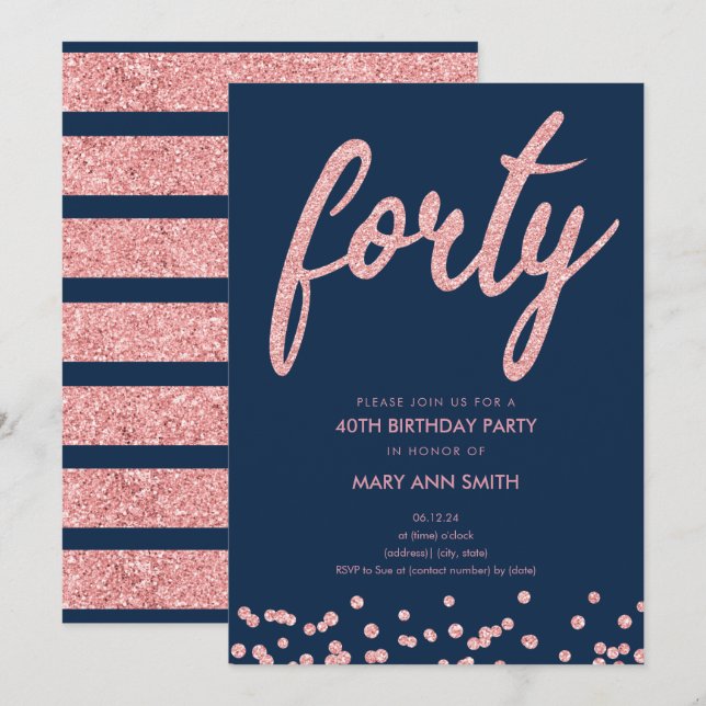 Invitation Parties scintillant de la Marine rose 40e annivers (Devant / Derrière)