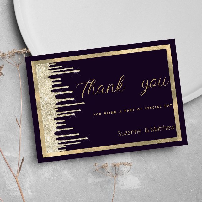 Invitation Parties scintillant de luxe doré violet foncé gout (Dark purple gold luxury glitter drips Thank You )