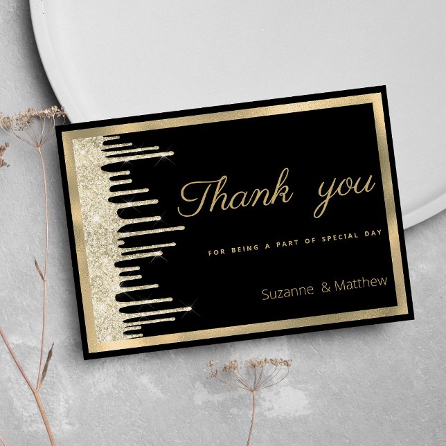 Invitation Parties scintillant de luxe en or noir goutte à go (Black gold luxury glitter drips Thank You )