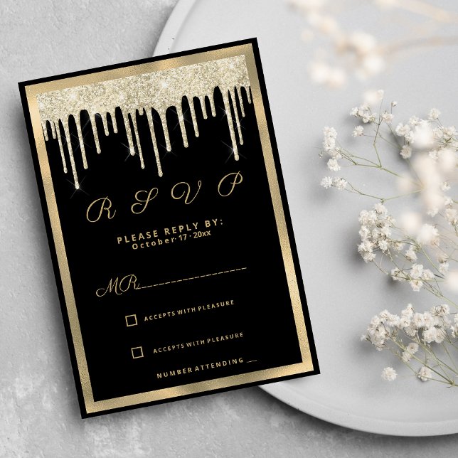 Invitation Parties scintillant de luxe en or noir gouttes RSV (Black gold luxury glitter drips RSVP)
