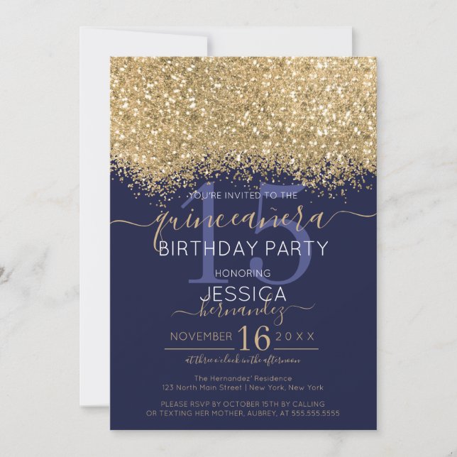 Invitation Parties scintillant de luxe Gold Navy Confetti Qui (Devant)
