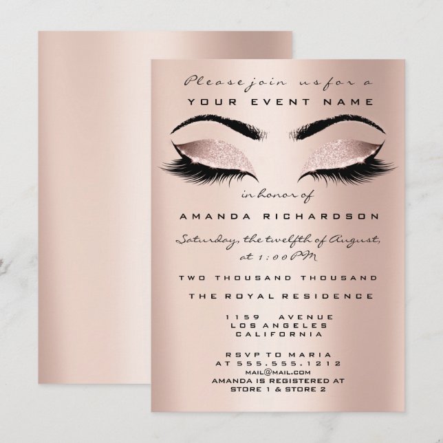 Invitation Parties scintillant de maquillage rose pâle aux ye (Devant / Derrière)