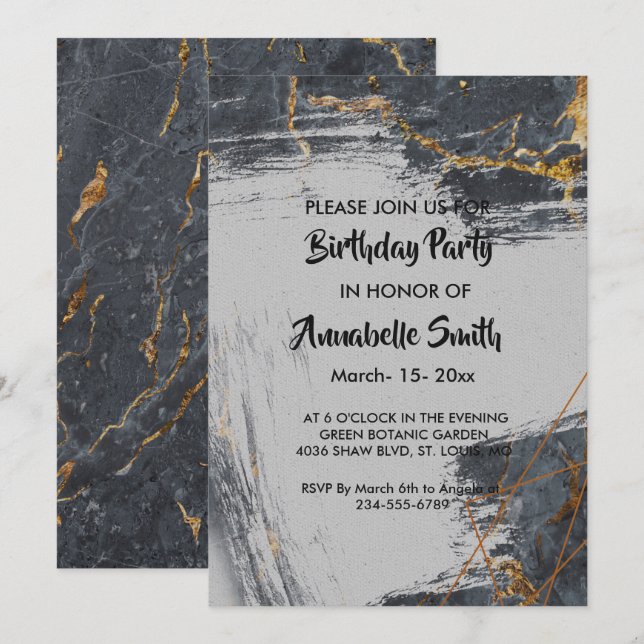 Invitation Parties scintillant de marbre Anniversaire géométr (Devant / Derrière)