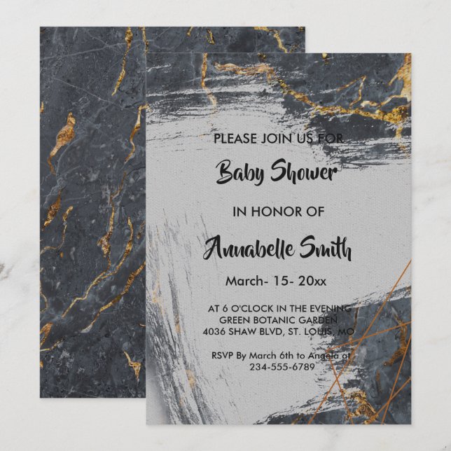 Invitation Parties scintillant de marbre Baby shower géométri (Devant / Derrière)