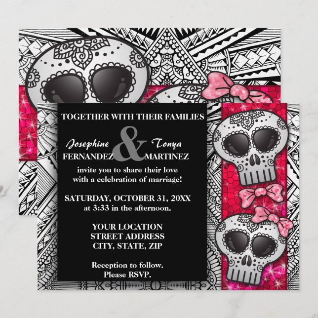 Invitation Parties scintillant de Mariage de crâne de sucre n (Devant / Derrière)