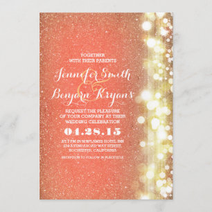 Invitation parties scintillant de pêche et d'or feux mariage