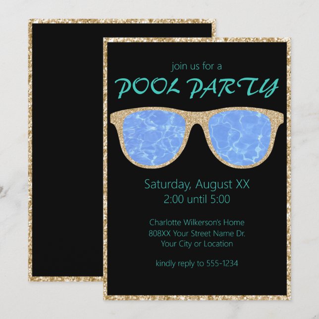 Invitation Parties scintillant de piscine Noir et or Lunettes (Devant / Derrière)