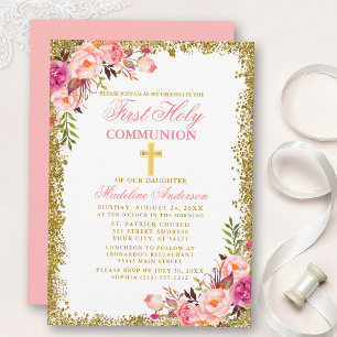 Invitation Parties scintillant de première communion rose aqu