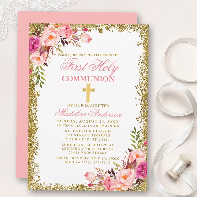 Invitation Parties scintillant de première communion rose aqu (Customize to change text size, color, style or to change color of back of card.)
