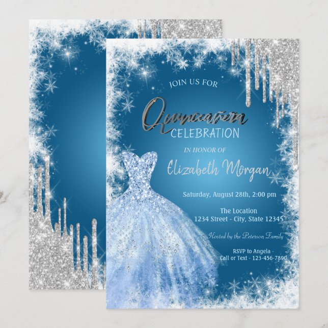 Invitation Parties scintillant de robe bleue Quinceañera (Devant / Derrière)