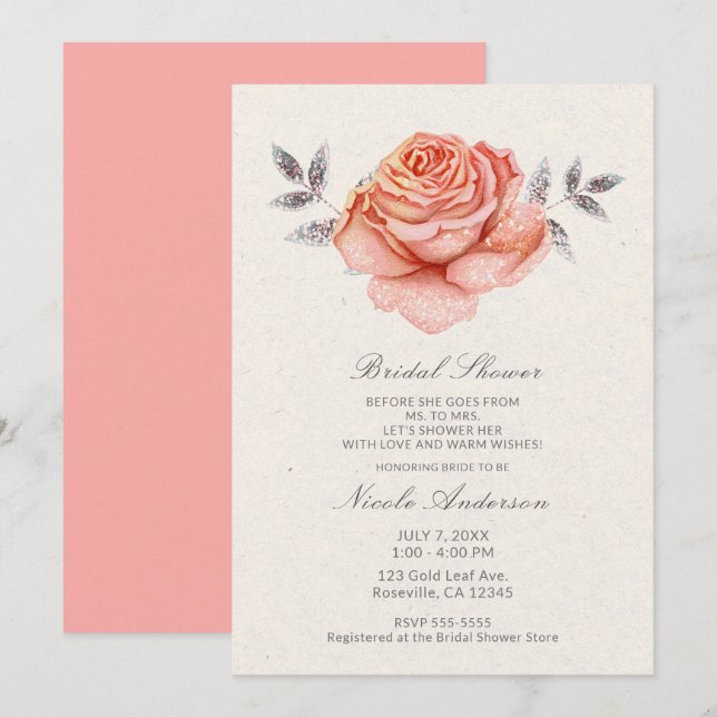 Invitation Parties scintillant de  Rose Feuilles Fêtes des ma (Devant / Derrière)