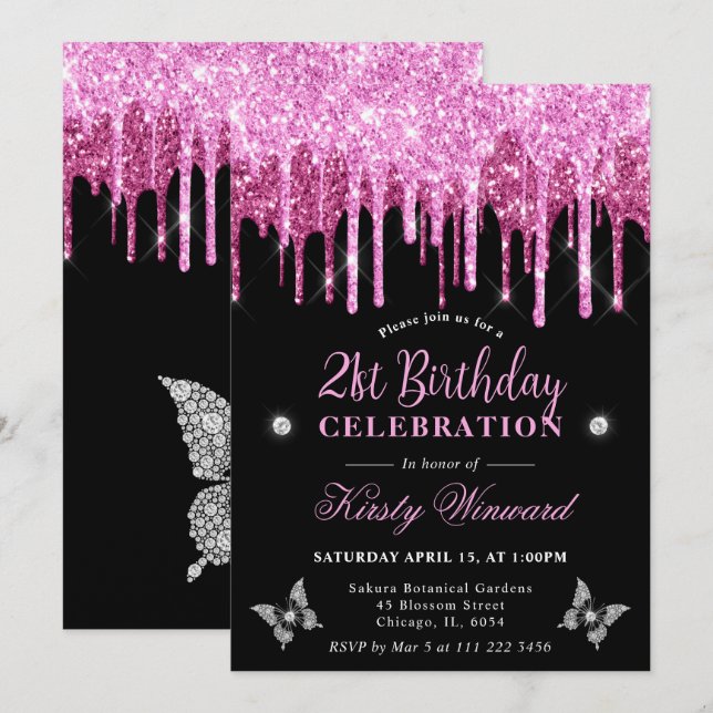 Invitation Parties scintillant de séchage rose chaud 21e anni (Devant / Derrière)
