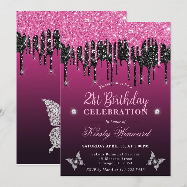 Invitation Parties scintillant de séchage rose et noir chaud  (Devant / Derrière)