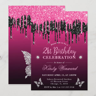 Invitation Parties scintillant de séchage rose et noir chaud 