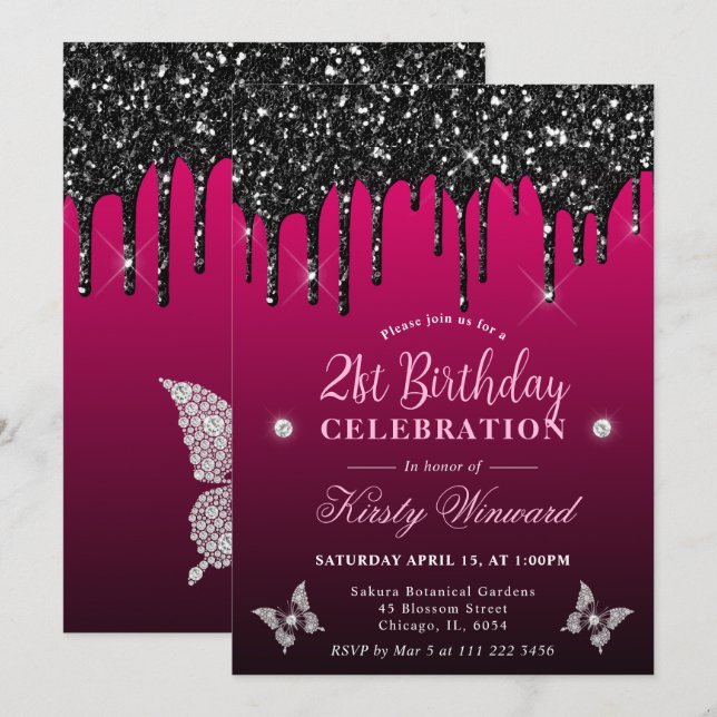 Invitation Parties scintillant de séchage rose et noir chaud  (Devant / Derrière)
