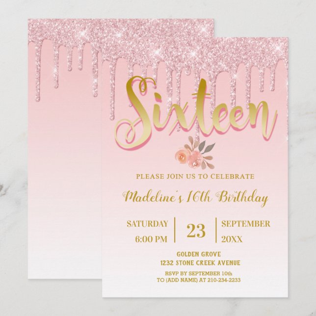Invitation Parties scintillant de séchage rose | Sweet 16 (Devant / Derrière)