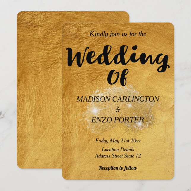 Invitation Parties scintillant de texture papier à huile d'or (Devant / Derrière)