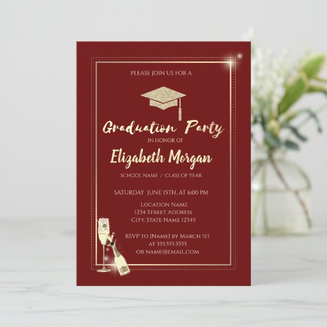 Invitation Parties scintillant de vin Gold Frame Casquette ro (Debout devant)