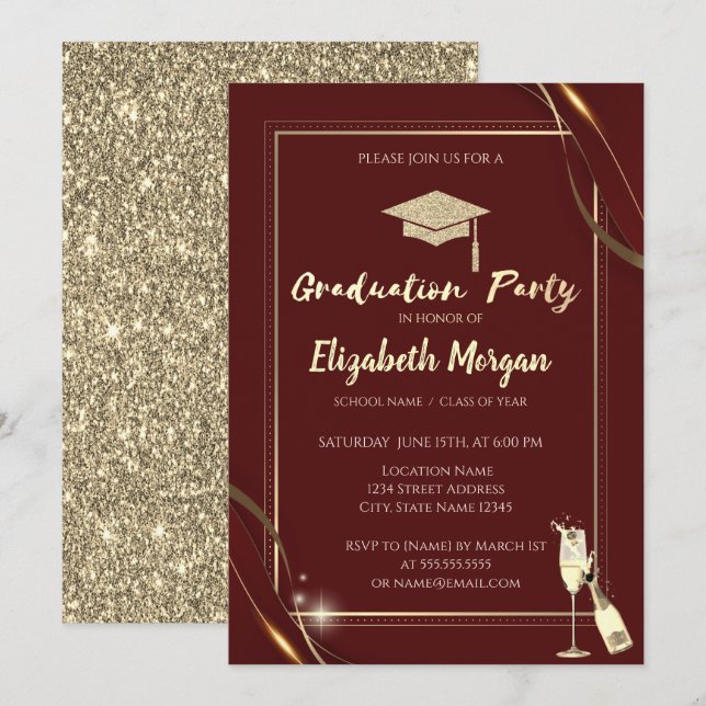 Invitation Parties scintillant de vin Red Frame Or Casquette  (Devant / Derrière)