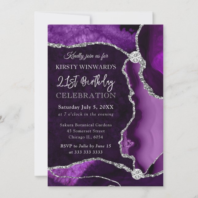 Invitation Parties scintillant de violet et d'argent Faux Aga (Devant)