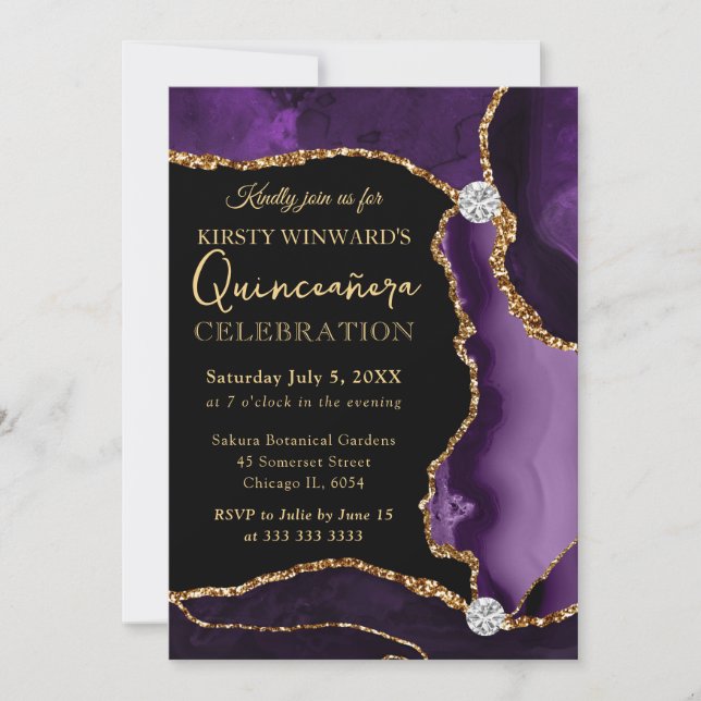 Invitation Parties scintillant de violet et d'or Faux Agate Q (Devant)