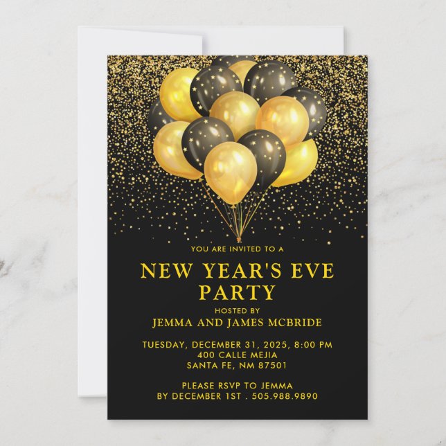 Invitation Parties scintillant des Ballons Noirs d'or Soirée  (Devant)