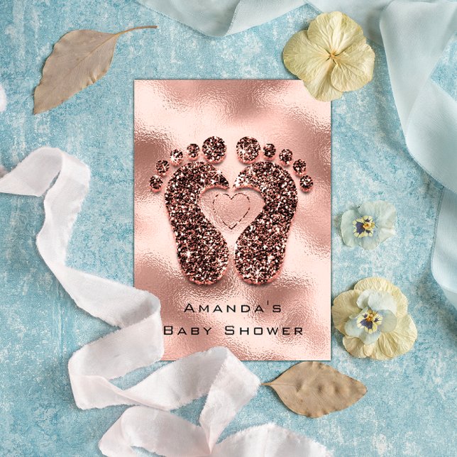 Invitation Parties scintillant d'étincelle Baby shower Pieds  (Baby Shower New Girl Boy Feet Glam Rose Blush3D Invitation)