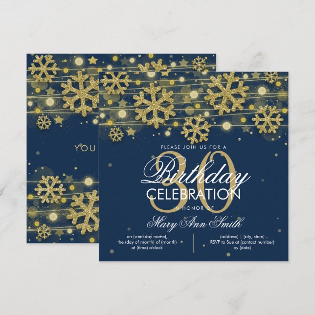 Invitation Parties scintillant d'hiver bleu de la Marine d'or (Devant / Derrière)
