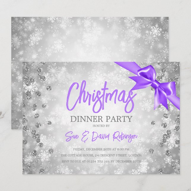 Invitation Parties scintillant Diamants d'argent Ribbon viole (Devant / Derrière)