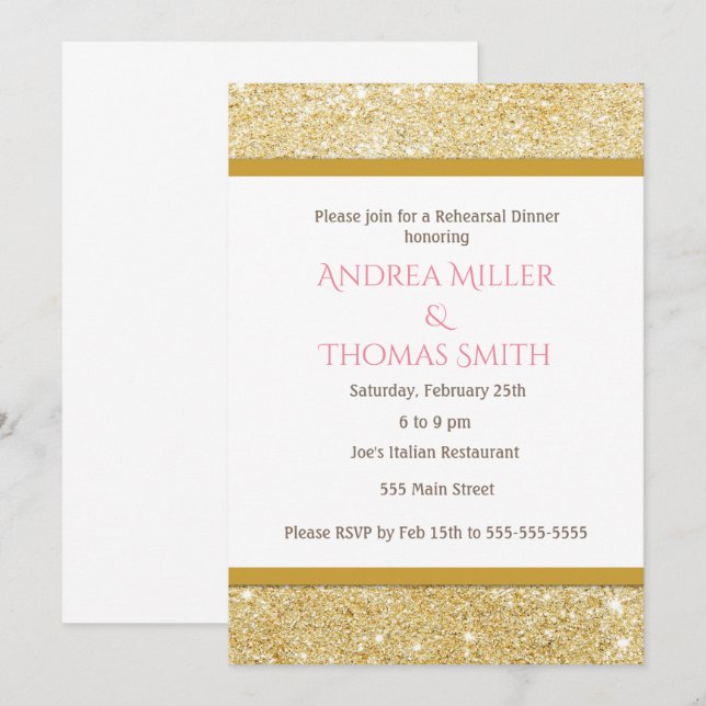 Invitation Parties scintillant Dîner de répétition Gold Pink  (Devant / Derrière)