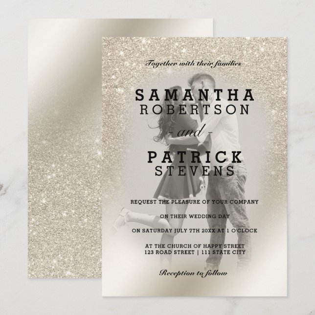 Invitation parties scintillant d'ivoire perlé ombre mariage p (Devant / Derrière)