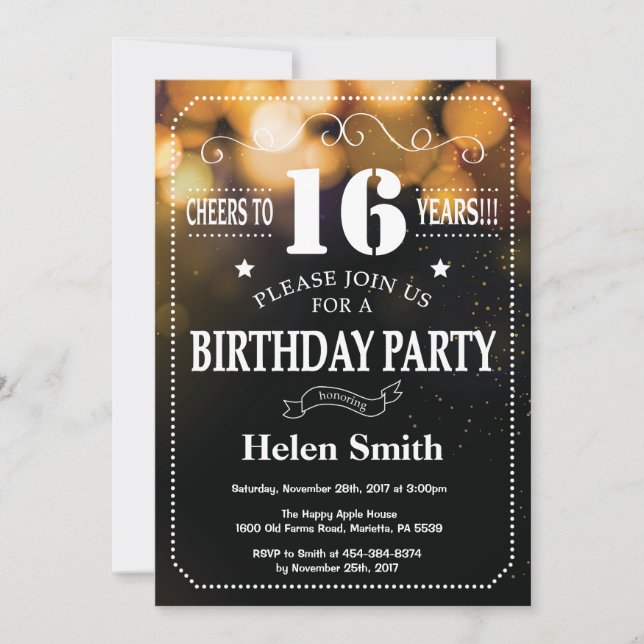 Invitation Parties scintillant d'or 16e anniversaire Invitati (Devant)