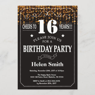 Invitation Parties scintillant d'or 16ème anniversaire Invita