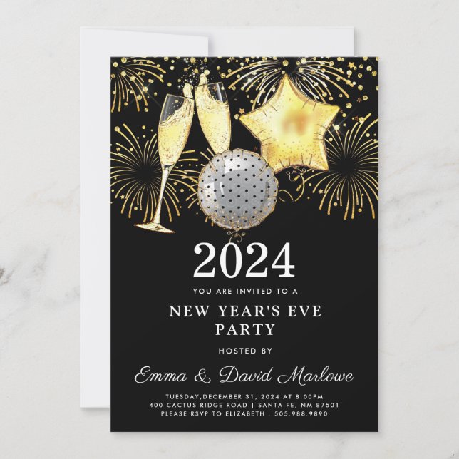 Invitation Parties scintillant d'or 2024 du Nouvel An sur Noi (Devant)