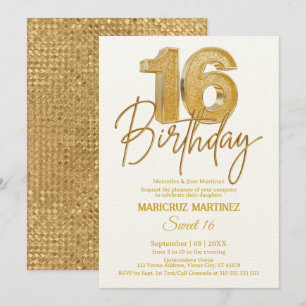 Invitation Parties scintillant d'or 3D moderne Sweet 16e anni
