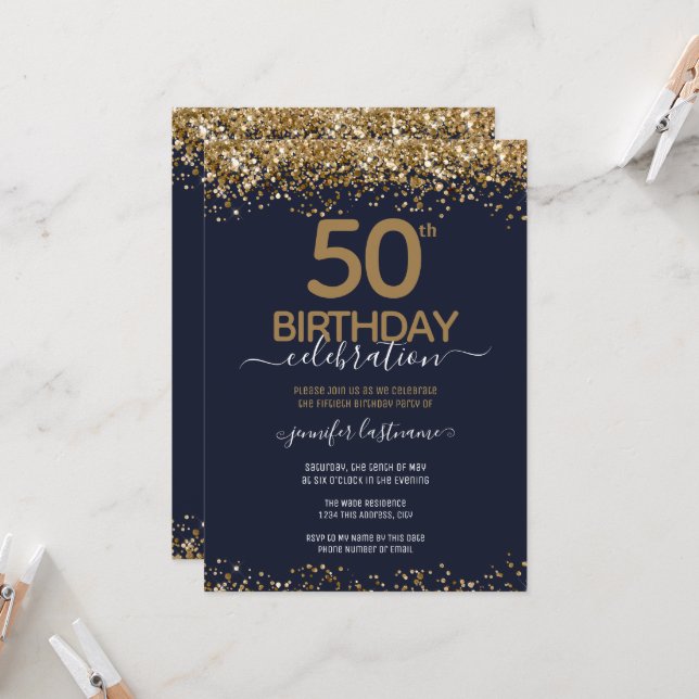 Invitation Parties scintillant d'or 50e anniversaire de fête  (Devant/Arrière en situation)