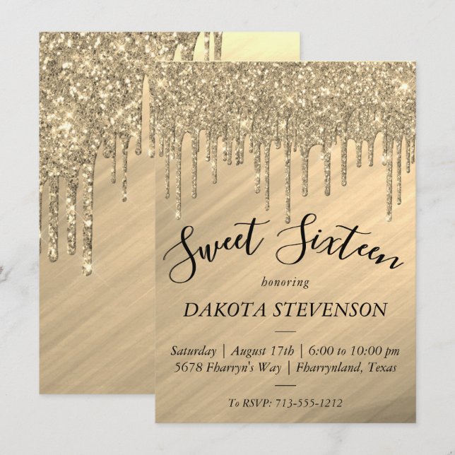 Invitation Parties scintillant d'or à couler | Elégant Sweet  (Devant / Derrière)