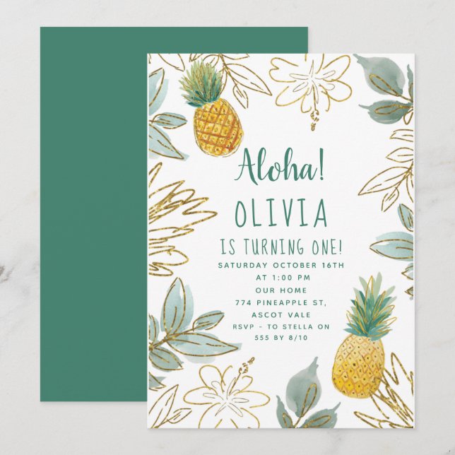Invitation Parties scintillant d'or Anniversaire de l'ananas (Devant / Derrière)