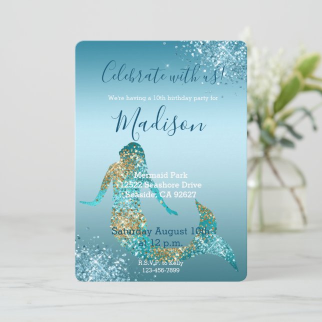 Invitation Parties scintillant d'or Aqua Ombre Sparkle Mermai (Debout devant)