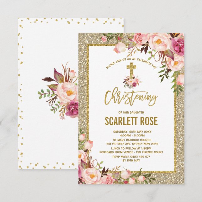 Invitation Parties scintillant d'or Aquarelle Floral Fille Ch (Devant / Derrière)