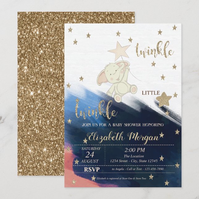 Invitation Parties scintillant d'or Baby shower Ours Twinkle  (Devant / Derrière)